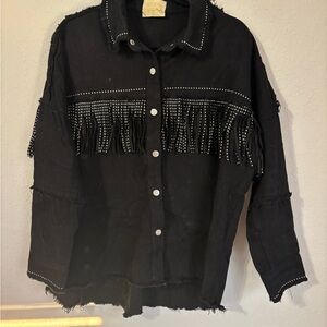 Black Fringe Studded Button-Up Shirt